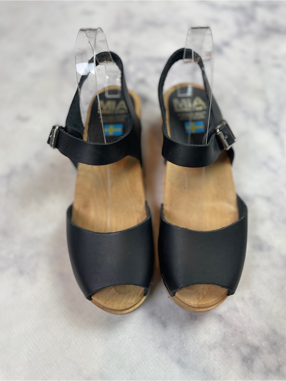 MIA Anja Black Leather Peep Toe Clog Sandals Low Heel Sz 39/ 8.5-9